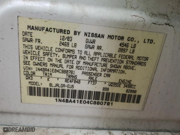 2004 Nissan Maxima SE with VIN 1N4BA41E04C880781, listed as a Copart auction lot 47372925 with NaN miles and Salvage Title. Bid and sale history available at carsss.com. Image 12.