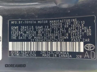 2010 Toyota Corolla with VIN 2T1BU4EEXAC475395, listed as a IAAI auction lot 41687183 with 193,608 mi miles. Bid and sale history available at carsss.com. Image 9.