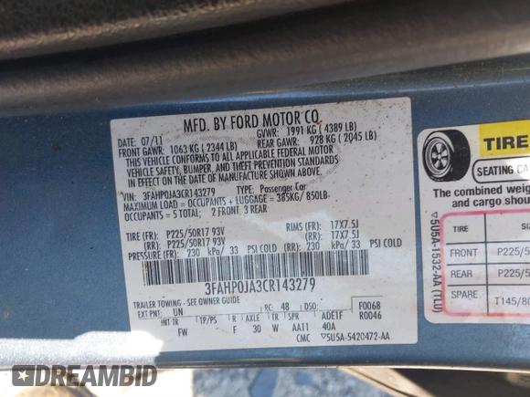 2012 Ford Fusion SEL with VIN 3FAHP0JA3CR143279, listed as a IAAI auction lot 41788823 with 232,908 mi miles. Bid and sale history available at carsss.com. Image 9.
