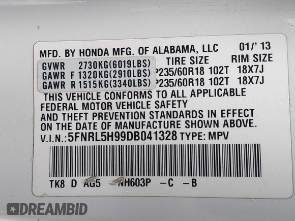 2013 Honda Odyssey Touring with VIN 5FNRL5H99DB041328, listed as a IAAI auction lot 41797520 with 148,523 mi miles and . Bid and sale history available at carsss.com. Image 9.