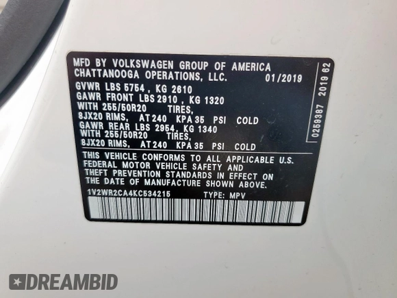 2019 Volkswagen Atlas SE with VIN 1V2WR2CA4KC534215, listed as a Copart auction lot 53889295 with 98,097 mi miles and Salvage title. Bid and sale history available at DreamBid. Image 14.