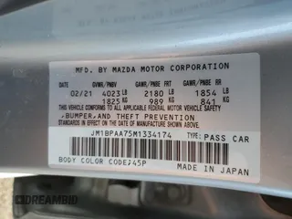 2021 Mazda 3 2.0 with VIN JM1BPAA75M1334174, listed as a Copart auction lot 48397425 with 78,044 mi miles and Salvage Title. Bid and sale history available at DreamBid. Image 12.