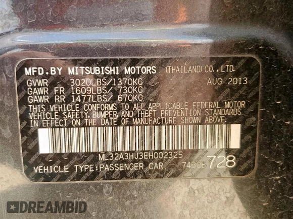 2014 Mitsubishi Mirage DE with VIN ML32A3HJ3EH002325, listed as a Copart auction lot 59822705 with 82,804 mi miles and Salvage title. Bid and sale history available at DreamBid. Image 12.