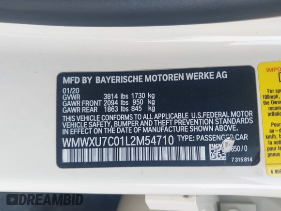 2020 MINI Hardtop 4 Door Cooper with VIN WMWXU7C01L2M54710, listed as a IAAI auction lot 42385956 with 55,714 mi miles and . Bid and sale history available at DreamBid. Image 9.