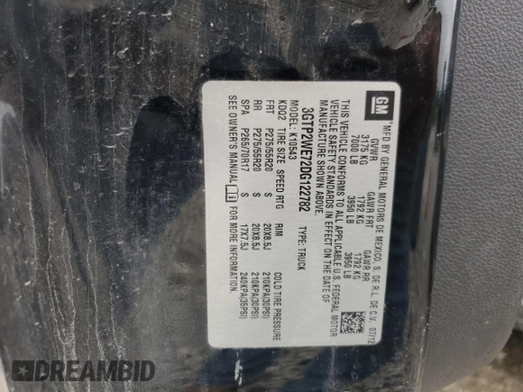 2013 GMC Sierra 1500 SLT with VIN 3GTP2WE72DG122782, listed as a Copart auction lot 59756105 with 178,181 mi miles and Salvage title. Bid and sale history available at DreamBid. Image 13.