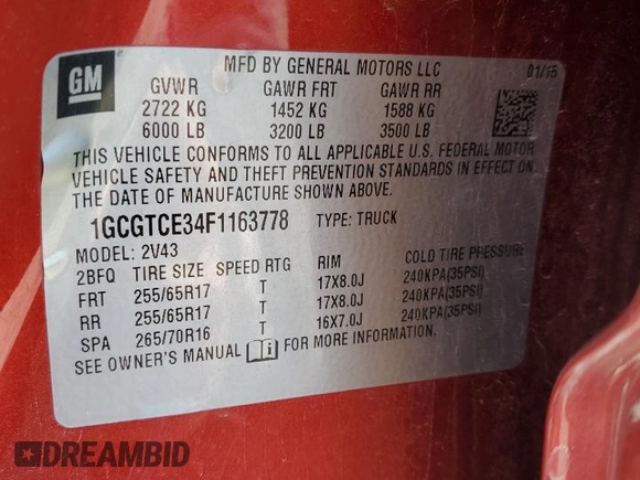2015 Chevrolet Colorado 4WD Z71 with VIN 1GCGTCE34F1163778, listed as a Copart auction lot 54533085 with 180,319 mi miles and Salvage title. Bid and sale history available at DreamBid. Image 12.
