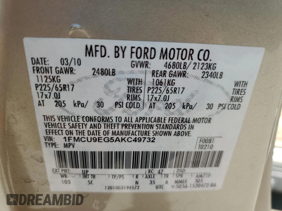 2010 Ford Escape Limited z VIN 1FMCU9EG5AKC49732, wystawiony jako Copart lot #61172415 z przebiegiem 148 796 mil mil oraz Szkoda całkowita • Salvage title. Historia ofert i sprzedaży dostępna na DreamBid. Obrazek 13.