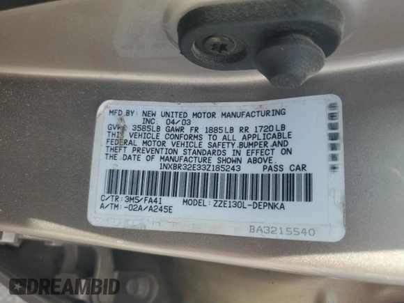 2003 Toyota Corolla CE with VIN 1NXBR32E33Z185243, listed as a Copart auction lot 48849085 with 257,556 mi miles and Salvage Title. Bid and sale history available at DreamBid. Image 13.