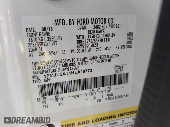 2017 Ford Expedition Limited with VIN 1FMJU2AT1HEA18773, listed as a IAAI auction lot 42569182 with 80,823 mi miles and . Bid and sale history available at DreamBid. Image 9.
