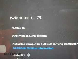 2022 Tesla Model 3 with VIN 5YJ3E1EA0NF186296, listed as a Copart auction lot 45711405 with 75,653 mi miles and Salvage Title. Bid and sale history available at DreamBid. Image 9.