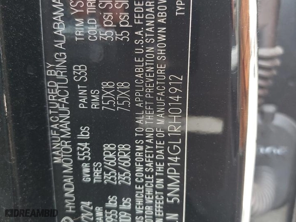 2024 Hyundai Santa Fe SE with VIN 5NMP14GL1RH014912, listed as a Copart auction lot 64688334 with 5,568 mi miles and Salvage Title. Bid and sale history available at carsss.com. Image 13.