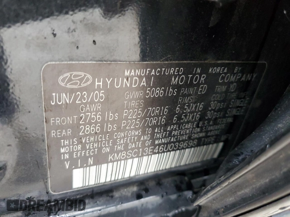 2006 Hyundai Santa Fe GLS with VIN KM8SC13E46U039698, listed as a Copart auction lot 72784154 with 154,107 mi miles and Non Repairable. Bid and sale history available at carsss.com. Image 13.