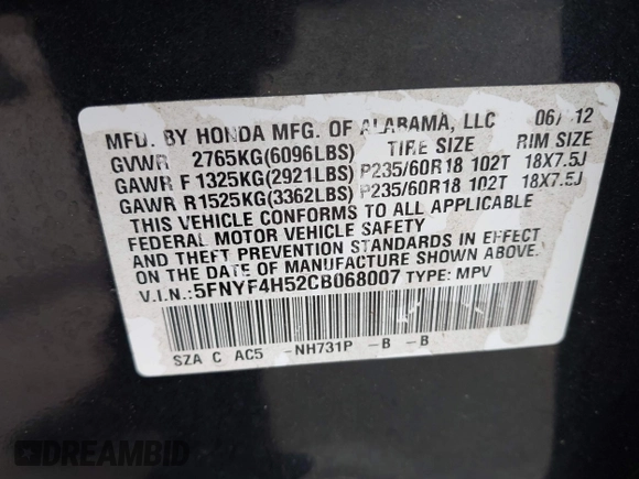 2012 Honda Pilot EX-L with VIN 5FNYF4H52CB068007, listed as a IAAI auction lot 42184390 with 137,126 mi miles and . Bid and sale history available at DreamBid. Image 9.