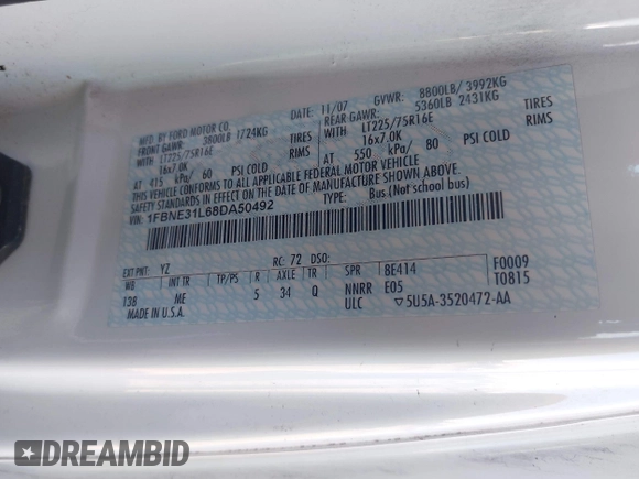 2008 Ford Econoline Passenger XL with VIN 1FBNE31L68DA50492, listed as a IAAI auction lot 42564428 with 138,864 mi miles and . Bid and sale history available at DreamBid. Image 9.