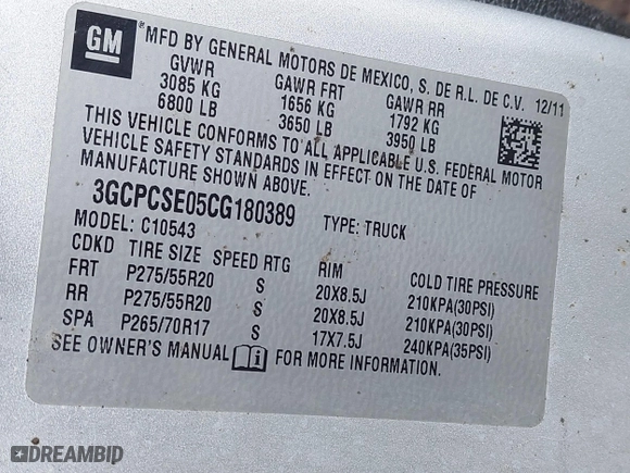 2012 Chevrolet Silverado 1500 LT with VIN 3GCPCSE05CG180389, listed as a IAAI auction lot 41880516 with 113,843 mi miles. Bid and sale history available at carsss.com. Image 9.