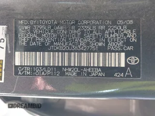 2008 Toyota Prius with VIN JTDKB20U383427751, listed as a IAAI auction lot 41864720 with 228,149 mi miles and . Bid and sale history available at carsss.com. Image 9.