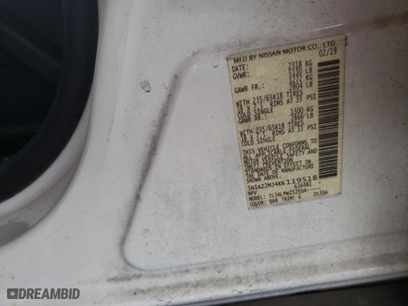 2019 Nissan Murano S with VIN 5N1AZ2MJ4KN119518, listed as a Copart auction lot 48200655 with 50,770 mi miles and Salvage Title. Bid and sale history available at carsss.com. Image 16.
