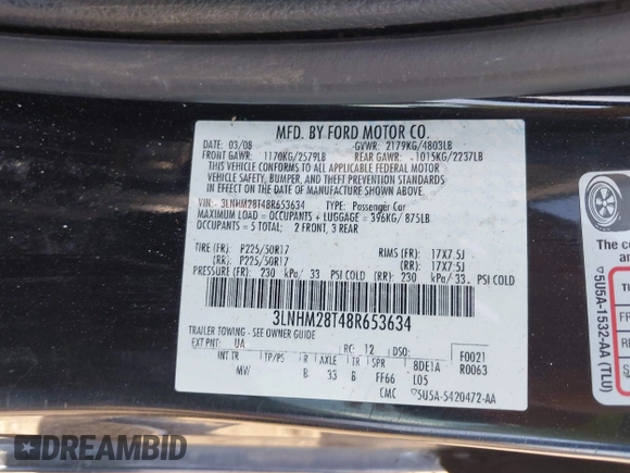 2008 Lincoln MKZ with VIN 3LNHM28T48R653634, listed as a IAAI auction lot 40198676 with 119,586 mi miles and . Bid and sale history available at carsss.com. Image 9.