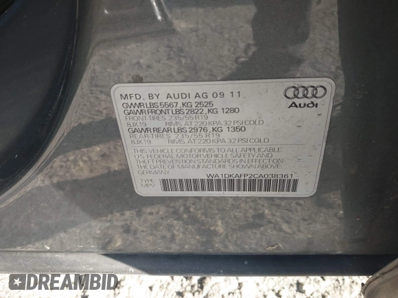 2012 Audi Q5 3.2L Premium Plus with VIN WA1DKAFP2CA038361, listed as a IAAI auction lot 41758998 with 197,505 mi miles. Bid and sale history available at carsss.com. Image 9.