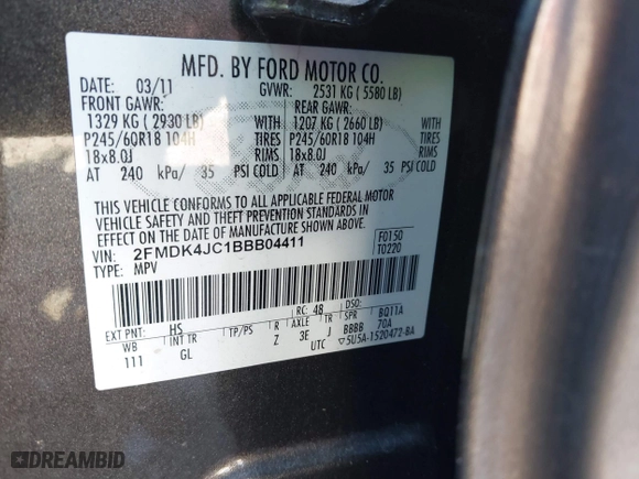 2011 Ford Edge SEL with VIN 2FMDK4JC1BBB04411, listed as a IAAI auction lot 41704037 with 235,673 mi miles. Bid and sale history available at carsss.com. Image 9.