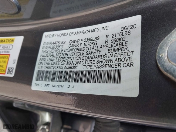 2020 Honda Accord Sedan Sport with VIN 1HGCV1F30LA096301, listed as a IAAI auction lot 41510807 with 121,933 mi miles. Bid and sale history available at carsss.com. Image 9.