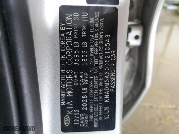 2013 Kia Rio LX with VIN KNADM5A30D6213543, listed as a Copart auction lot 50746755 with 121,205 mi miles and Salvage Title. Bid and sale history available at carsss.com. Image 12.