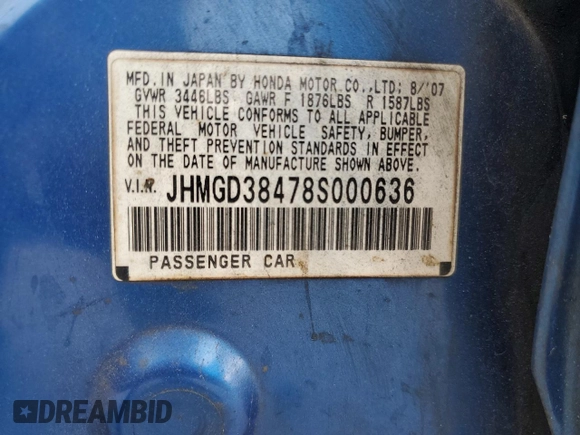 2008 Honda Fit with VIN JHMGD38478S000636, listed as a Copart auction lot 44699905 with 154,107 mi miles and Salvage title. Bid and sale history available at DreamBid. Image 12.