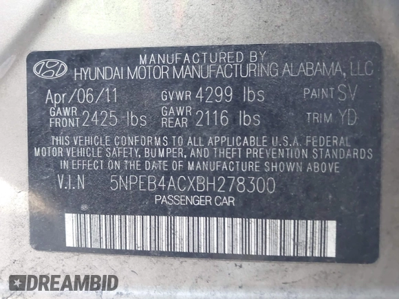 2011 Hyundai Sonata GLS with VIN 5NPEB4ACXBH278300, listed as a IAAI auction lot 42061523 with 115,649 mi miles and . Bid and sale history available at carsss.com. Image 9.