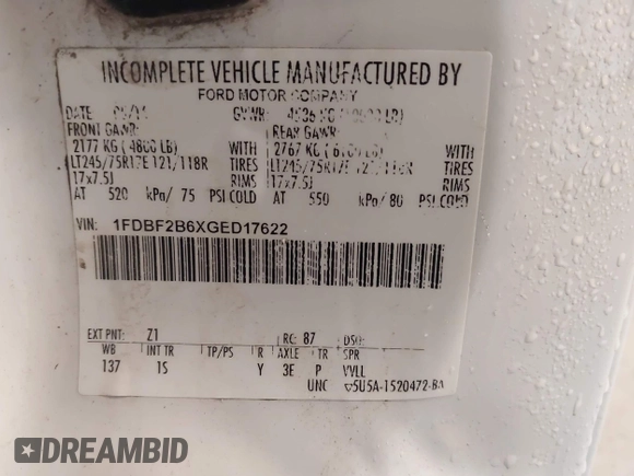 2016 Ford F-250 XL with VIN 1FDBF2B6XGED17622, listed as a IAAI auction lot 42245869 with 240,022 mi miles and . Bid and sale history available at DreamBid. Image 8.