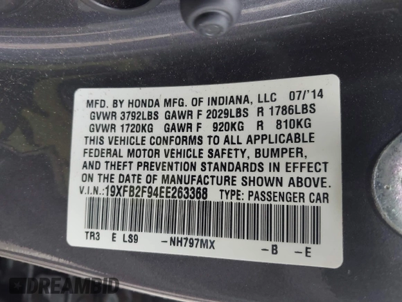 2014 Honda Civic EX-L with VIN 19XFB2F94EE263368, listed as a IAAI auction lot 42064126 with 111,463 mi miles and . Bid and sale history available at DreamBid. Image 9.