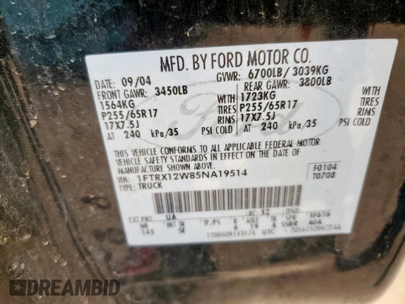 2005 Ford F-150 STX с VIN 1FTRX12W85NA19514, выставлен на аукционе Copart как лот 59146605 с пробегом Не указан миль и Списание • Salvage title. История ставок и продаж доступна на DreamBid. Изображение 12.