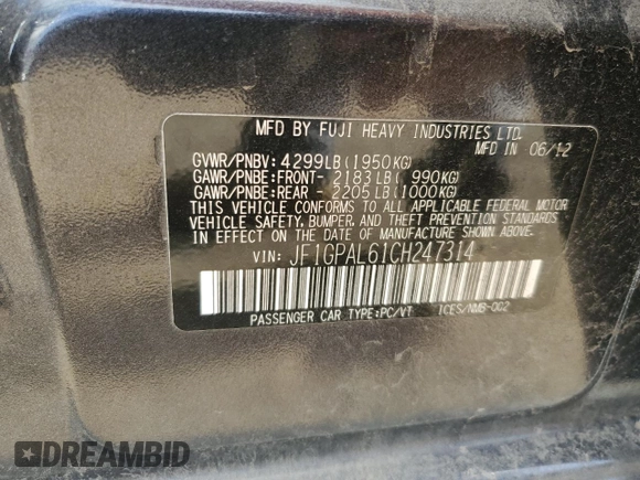 2012 Subaru Impreza Special Sports Premium z VIN JF1GPAL61CH247314, wystawiony jako Copart lot #49229655 z przebiegiem 203 977 mil mil oraz Czysty tytuł • Clean title. Historia ofert i sprzedaży dostępna na DreamBid. Obrazek 13.