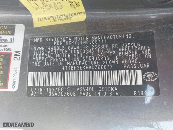 2011 Toyota Camry LE with VIN 4T1BF3EK6BU766017, listed as a IAAI auction lot 41976377 with 158,856 mi miles. Bid and sale history available at carsss.com. Image 9.