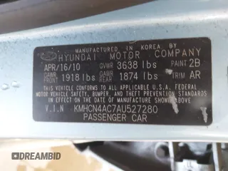 2010 Hyundai Accent GLS с VIN KMHCN4AC7AU527280, выставлен на аукционе IAAI как лот 42494671 с пробегом 232 468 миль миль и . История ставок и продаж доступна на DreamBid. Изображение 9.