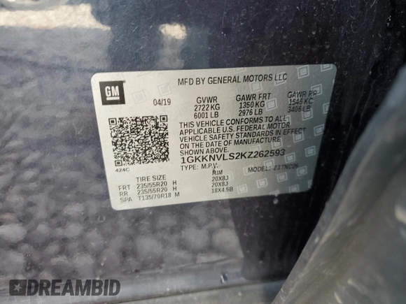 2019 GMC Acadia SLT with VIN 1GKKNVLS2KZ262593, listed as a Copart auction lot 75556474 with 85,120 mi miles and Salvage Title. Bid and sale history available at DreamBid. Image 14.