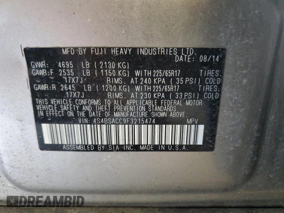 2015 Subaru Outback Premium with VIN 4S4BSACC9F3215474, listed as a Copart auction lot 55091745 with 133,728 mi miles and Clean Title. Bid and sale history available at DreamBid. Image 13.