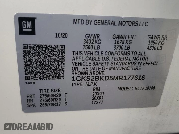 2021 GMC Yukon SLT with VIN 1GKS2BKD5MR177616, listed as a Copart auction lot 42456665 with 25,784 mi miles and Salvage Title. Bid and sale history available at carsss.com. Image 14.