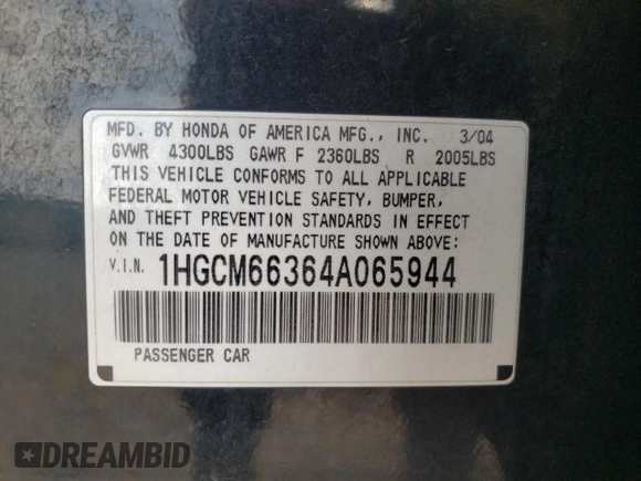 2004 Honda Accord LX z VIN 1HGCM66364A065944, wystawiony jako Copart lot #56249365 z przebiegiem 132 811 mil mil oraz Szkoda całkowita • Salvage title. Historia ofert i sprzedaży dostępna na DreamBid. Obrazek 12.