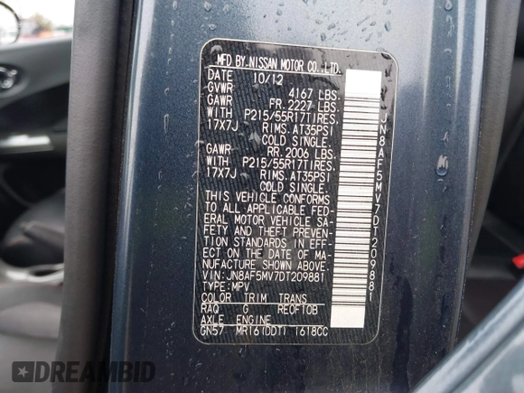 2013 Nissan Juke S with VIN JN8AF5MV7DT209881, listed as a IAAI auction lot 41728623 with 185,296 mi miles and . Bid and sale history available at DreamBid. Image 9.