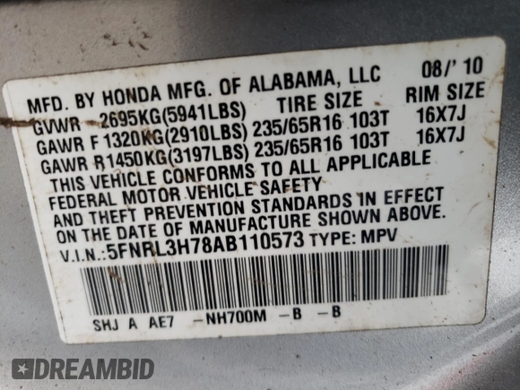 2010 Honda Odyssey EX-L with VIN 5FNRL3H78AB110573, listed as a Copart auction lot 46325085 with 161,543 mi miles and Salvage Title. Bid and sale history available at carsss.com. Image 13.