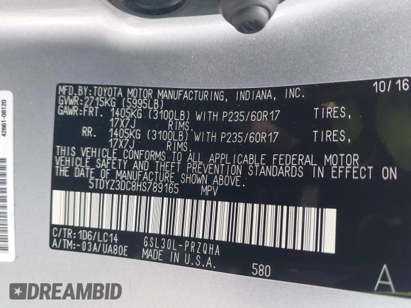 2017 Toyota Sienna XLE Auto Access Seat with VIN 5TDYZ3DC8HS789165, listed as a IAAI auction lot 41290603 with 57,682 mi miles and . Bid and sale history available at DreamBid. Image 9.