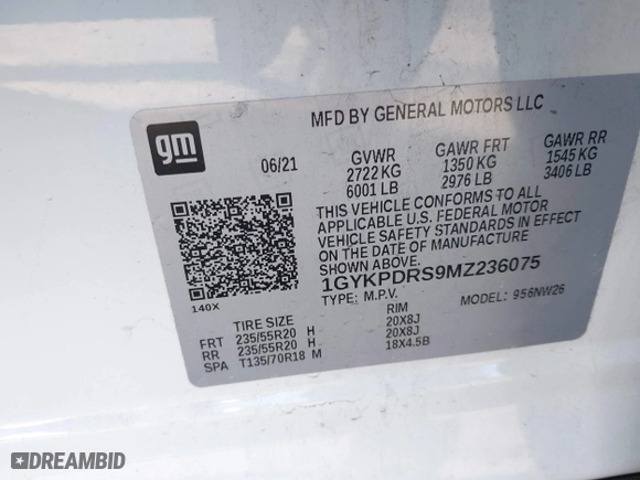 2021 Cadillac XT6 Premium Luxury with VIN 1GYKPDRS9MZ236075, listed as a IAAI auction lot 41632689 with 1 mi miles. Bid and sale history available at carsss.com. Image 9.