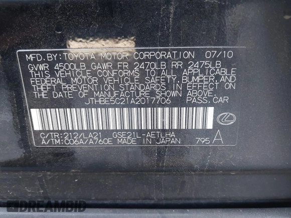 2010 Lexus IS 350 with VIN JTHBE5C21A2017706, listed as a IAAI auction lot 41422098 with 250,695 mi miles and . Bid and sale history available at DreamBid. Image 9.
