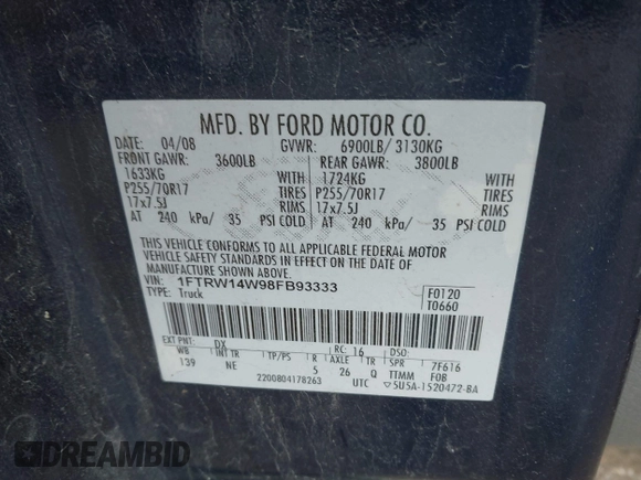 2008 Ford F-150 XL with VIN 1FTRW14W98FB93333, listed as a IAAI auction lot 41986773 with 167,637 mi miles. Bid and sale history available at carsss.com. Image 9.