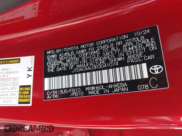 2024 Toyota Prius LE z VIN JTDACAAU3R3041074, wystawiony jako IAAI lot #41962281 z przebiegiem Nie podano mil oraz . Historia ofert i sprzedaży dostępna na DreamBid. Obrazek 9.