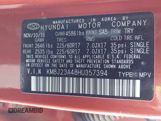 2017 Hyundai Tucson SE with VIN KM8J23A48HU357394, listed as a IAAI auction lot 41841968 with 74,769 mi miles. Bid and sale history available at carsss.com. Image 9.