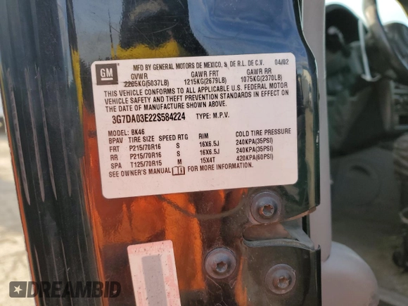 2002 Pontiac Aztek z VIN 3G7DA03E22S584224, wystawiony jako Copart lot #87851655 z przebiegiem 218 653 mil mil oraz Szkoda całkowita • Salvage title. Historia ofert i sprzedaży dostępna na DreamBid. Obrazek 13.