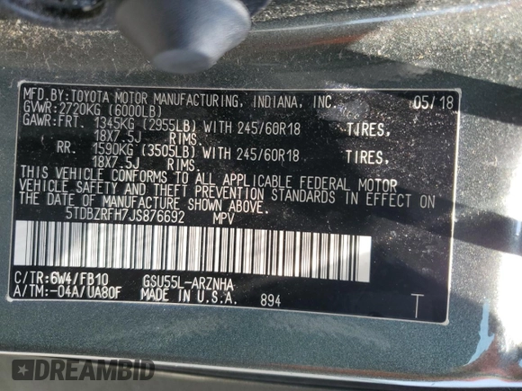 2018 Toyota Highlander LE with VIN 5TDBZRFH7JS876692, listed as a Copart auction lot 63097325 with 95,080 mi miles and Salvage title. Bid and sale history available at DreamBid. Image 14.
