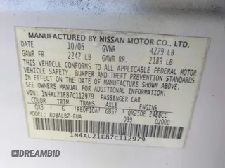 2007 Nissan Altima 2.5 S with VIN 1N4AL21E87C112979, listed as a IAAI auction lot 41929146 with 110,775 mi miles. Bid and sale history available at carsss.com. Image 9.