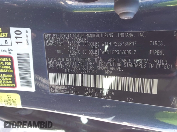 2018 Toyota Sienna LE Auto Access Seat with VIN 5TDKZ3DC1JS949043, listed as a IAAI auction lot 41529026 with 277,095 mi miles and . Bid and sale history available at DreamBid. Image 9.